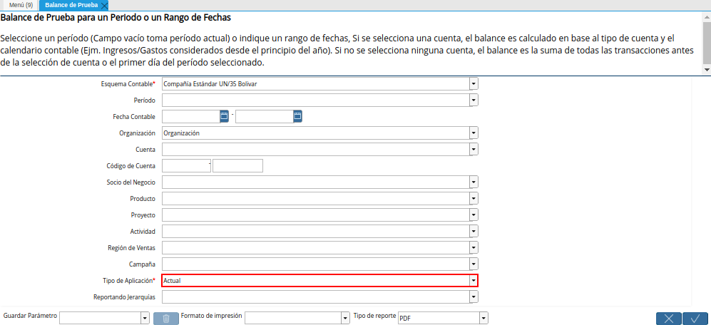 Campo Tipo de Aplicación de la Ventana Balance de Prueba