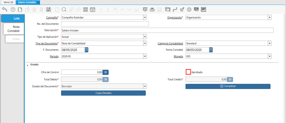 Checklist Aprobado de la Pestaña Lote Contable de la Ventana Diario Contable