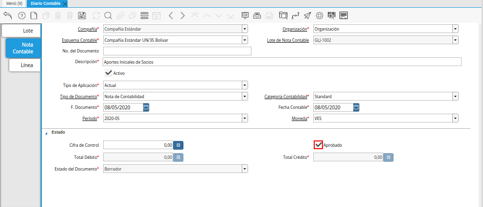 Checklist Aprobado de la Pestaña Nota Contable de la Ventana Diario Contable