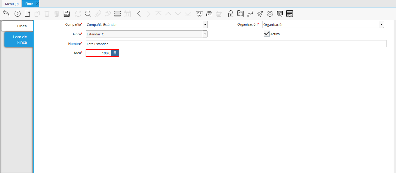 campo área de la pestaña lote de finca