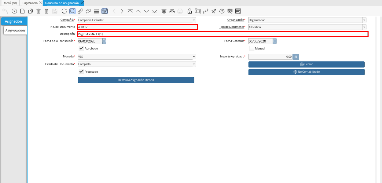 Pestaña Asignación