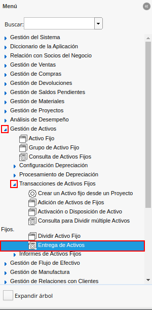 menú entrega de activos