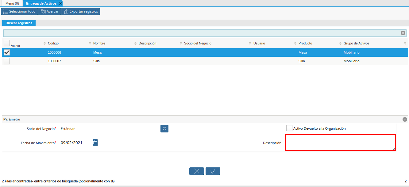 campo descripción de la ventana entrega de activos