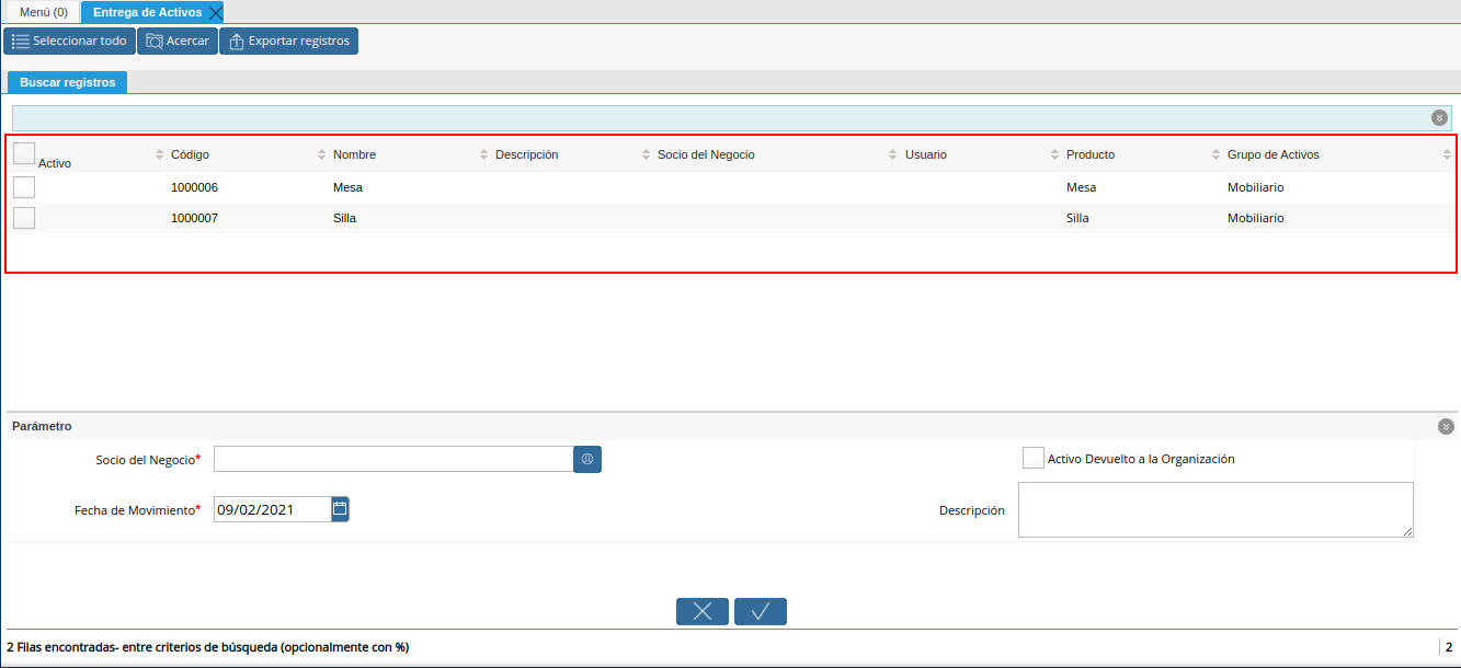 resultados de la búsqueda de la ventana entrega de activos
