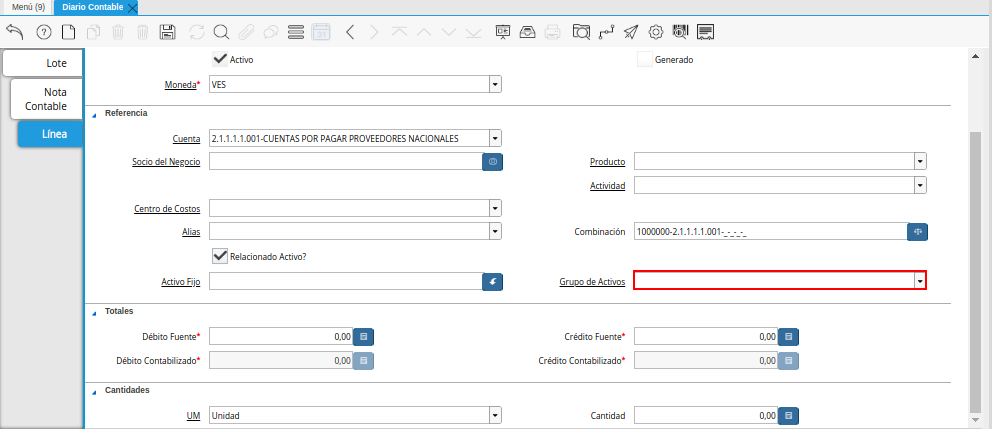 Campo Grupo de Activos de la Pestaña Línea de la Ventana Diario Contable