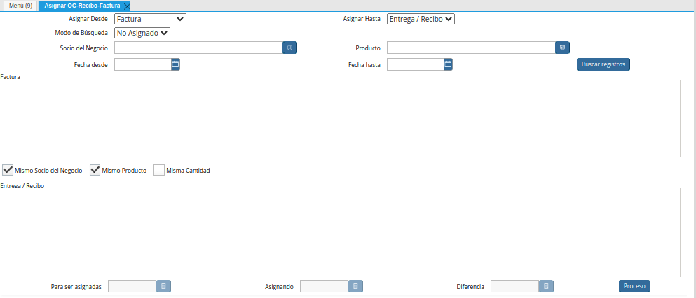 Ventana Asignar OC Recepción Factura
