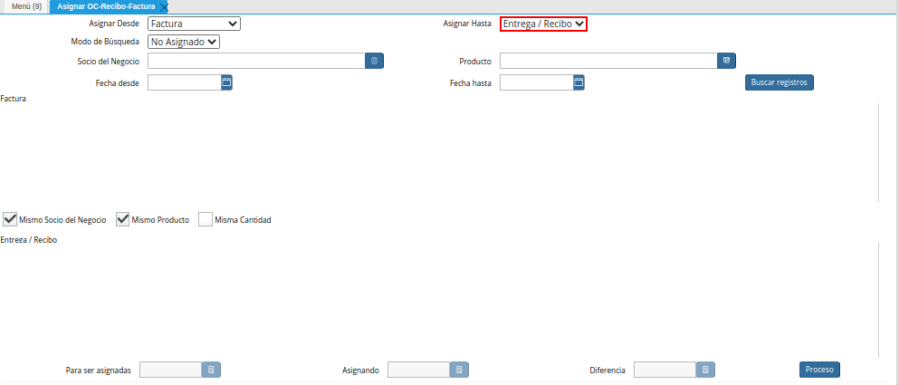 Campo Asignar Hasta de la Ventana Asignar OC Recepción Factura