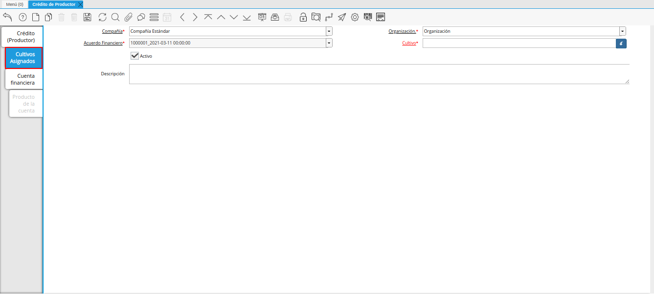 pestaña cultivos asignados de la ventana crédito del productor