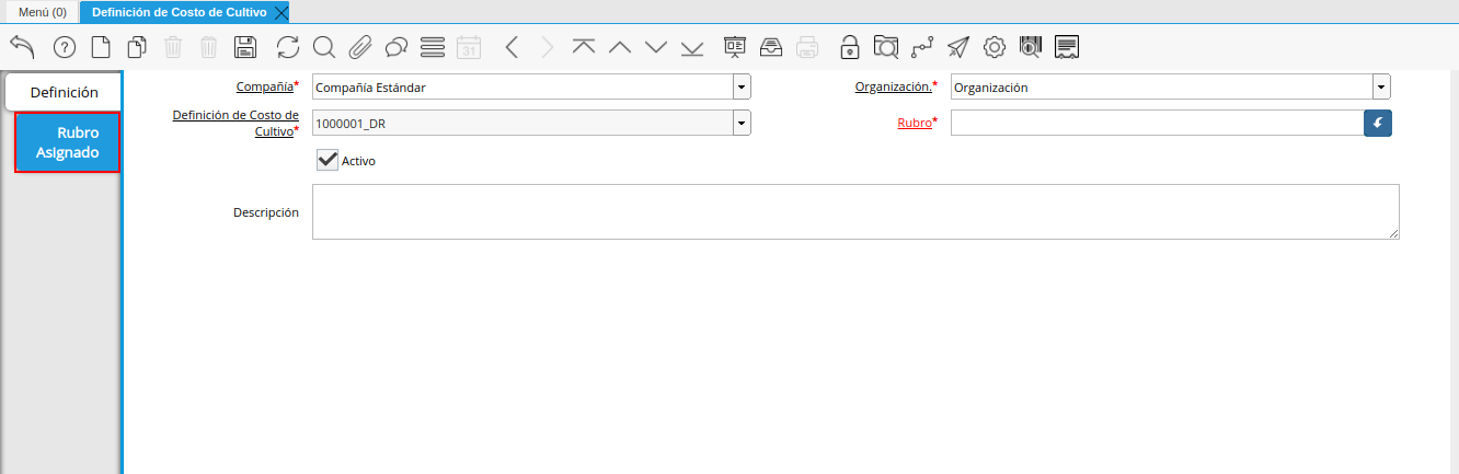 pestaña rubro asignado de la ventana definición de costo de cultivo
