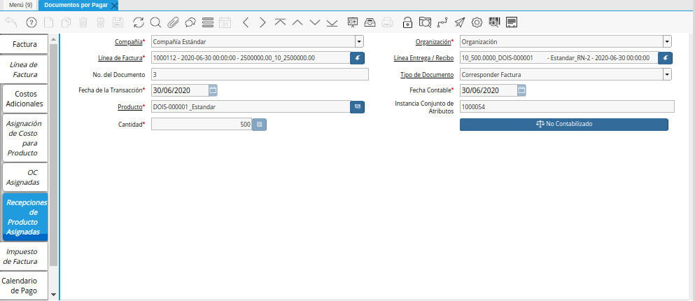 Pestaña Recepciones de Producto Asignadas