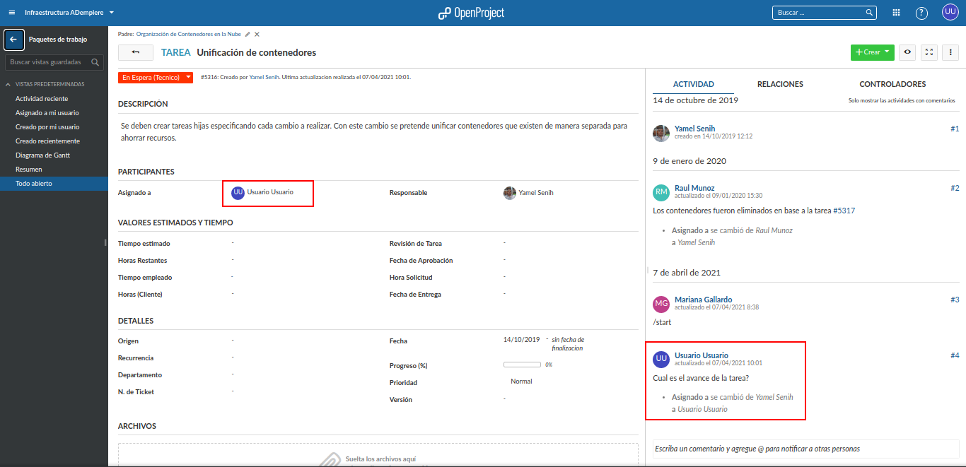asignado a de la tarea en el openproject