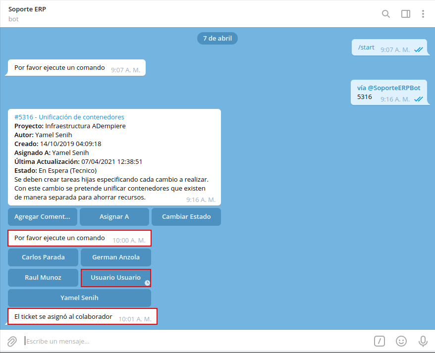 asignado a de la tarea en el bot