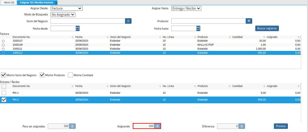 Campo Asignando de la Ventana Asignar OC Recepción Factura