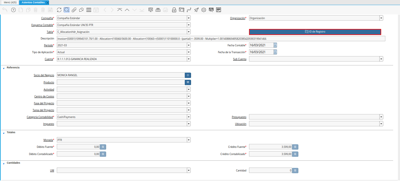 asignación entre factura y cobro de la ventana consulta de asignación