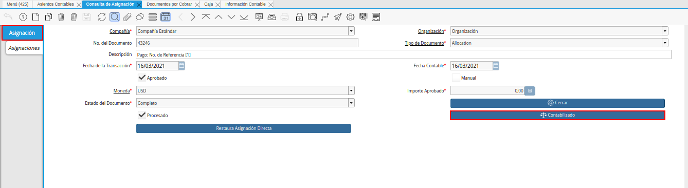 pestaña principal asignación de la ventana consulta de asignación