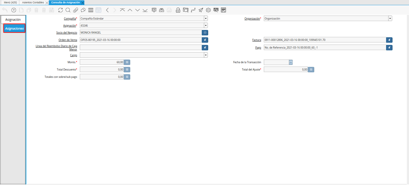 pestaña asignaciones de la ventana consulta de asignación