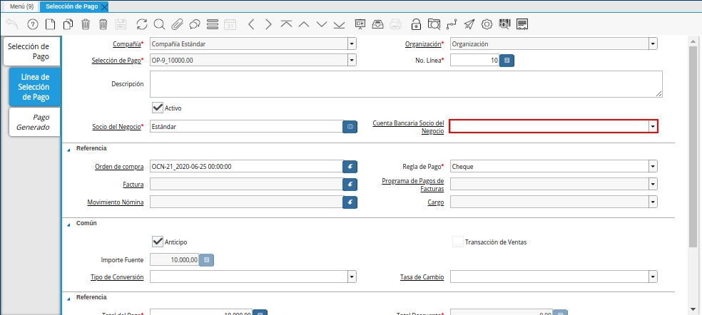 Campo Cuenta Bancaria Socio del Negocio del Documento Orden de Pago desde Orden