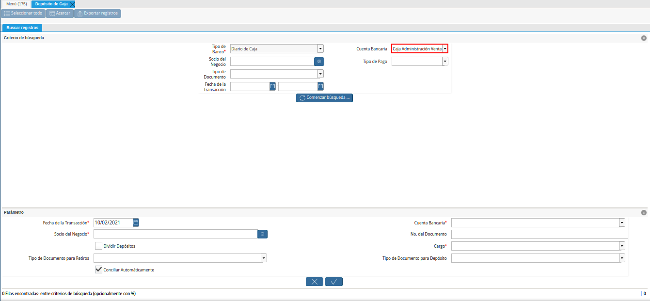 campo cuenta bancaria de la ventana deposito a caja