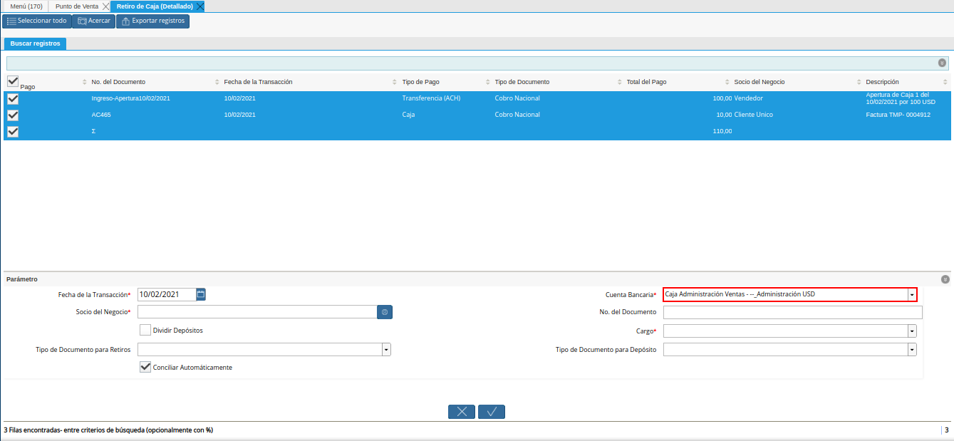 campo cuenta bancaria del retiro detallado