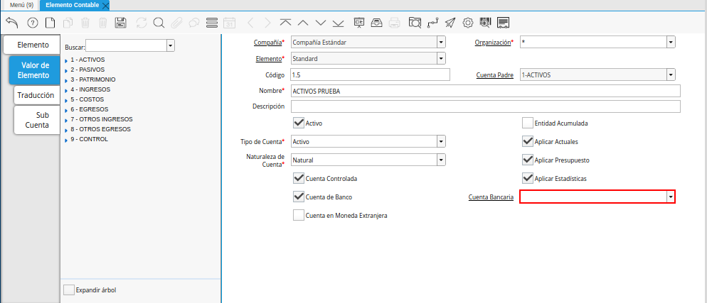 Campo Cuenta Bancaria de la Pestaña Valor de Elemento de la Ventana Elemento Contable