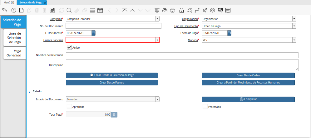 Campo Cuenta Bancaria del Documento Orden de Pago desde Orden