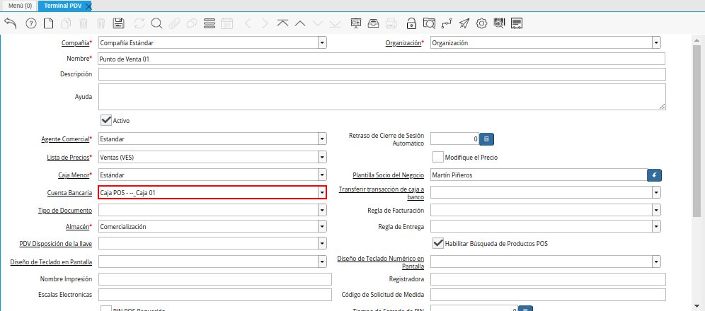 Campo Cuenta Bancaria de la Ventana Terminal PDV