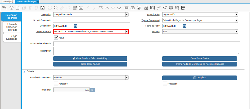Campo Cuenta Bancaria del Documento Registro desde Selección de Pago