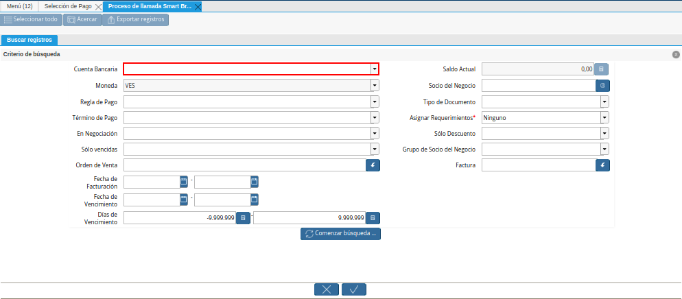 Campo Cuenta Bancaria de la Ventana de Búsqueda Inteligente del Proceso Crear Desde Factura