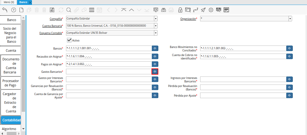 Campo Gastos Bancarios de la Pestaña Contabilidad de la Ventana Banco