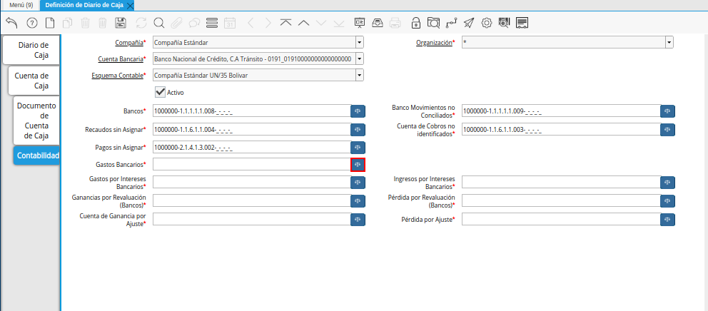 Campo Gastos Bancarios de la Pestaña Contabilidad de la Ventana Definición de Diario de Caja