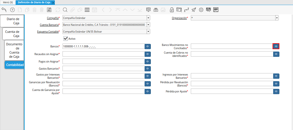 Campo Banco Movimientos no Conciliados de la Pestaña Contabilidad de la Ventana Definición de Diario de Caja