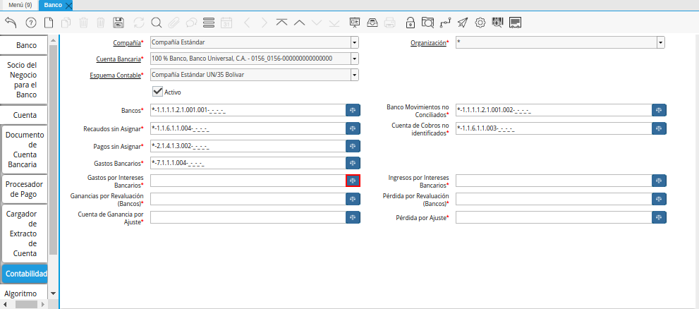 Campo Gastos por Intereses Bancarios de la Pestaña Contabilidad de la Ventana Banco