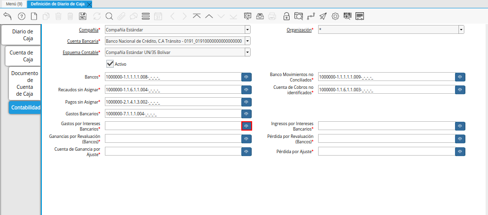 Campo Gastos por Intereses Bancarios de la Pestaña Contabilidad de la Ventana Definición de Diario de Caja
