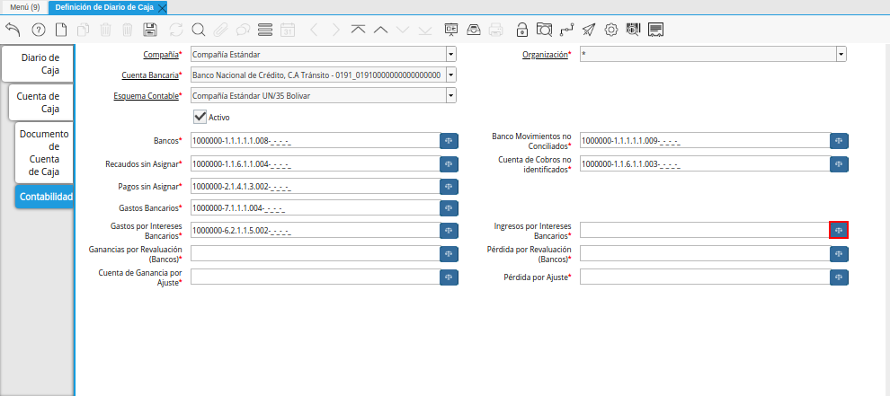 Campo Ingresos por Intereses Bancarios de la Pestaña Contabilidad de la Ventana Definición de Diario de Caja