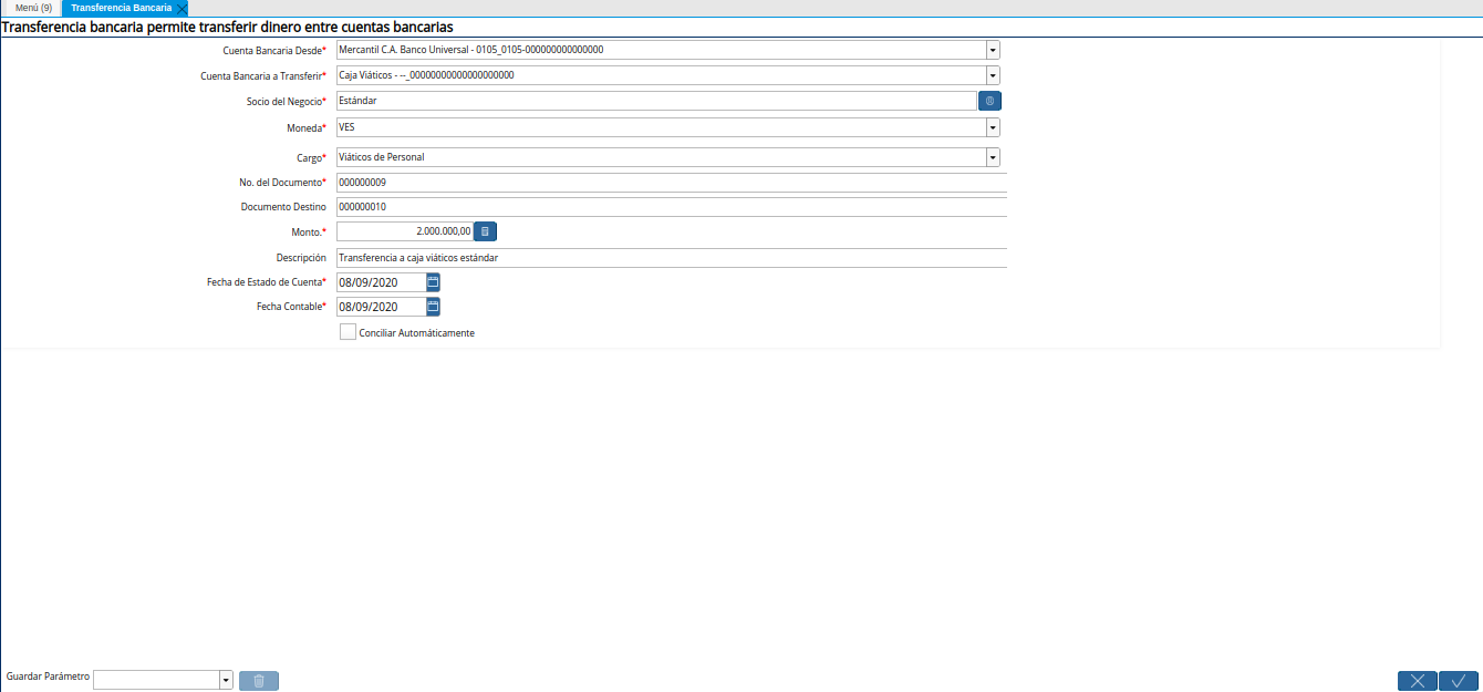 transferencia bancaria gasto mayor a viáticos