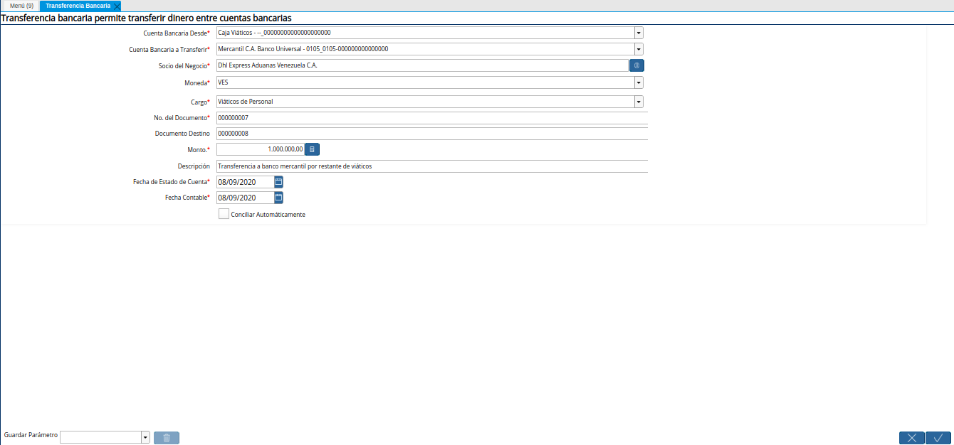 transferencia bancaria por restante viáticos mayor al gasto