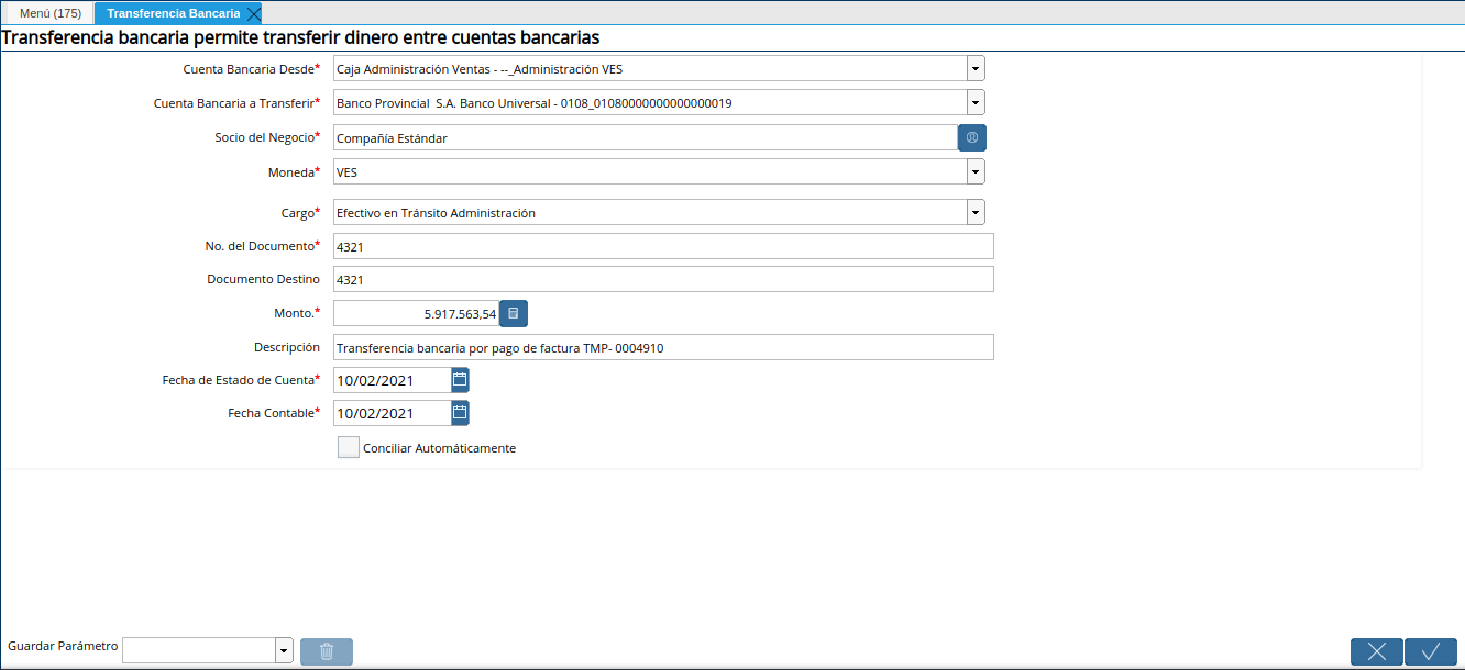 transferencia bancaria de caja a banco por depositos