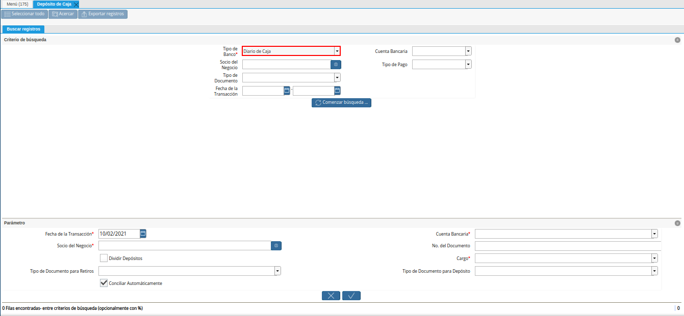 campo tipo de banco de la ventana deposito a caja