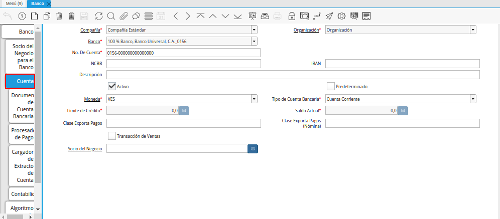 Pestaña Cuenta de la Ventana Banco