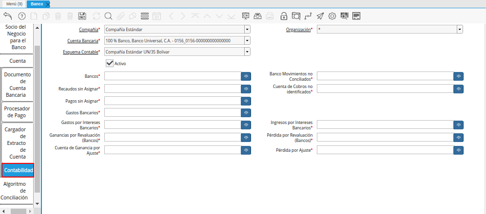 Pestaña Contabilidad de la Ventana Banco