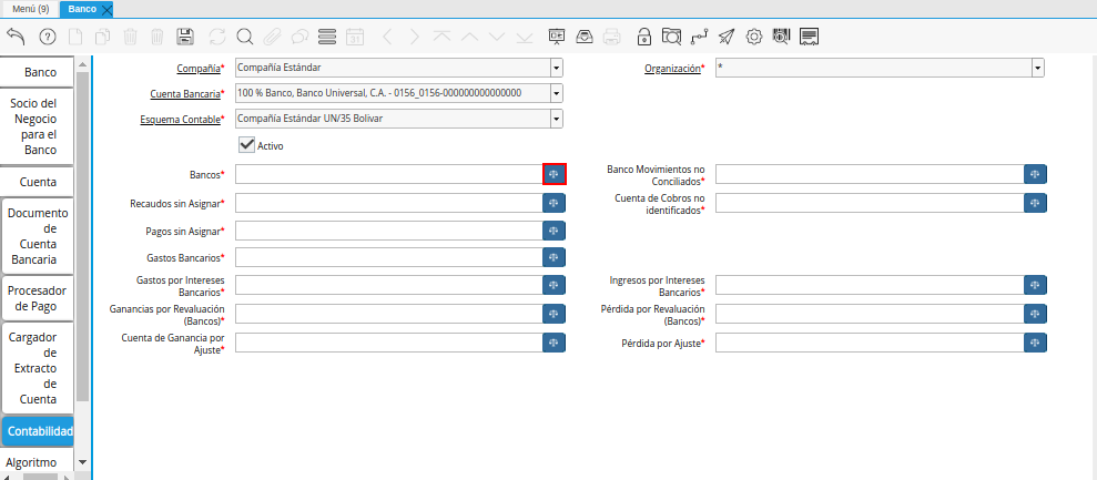 Campo Bancos de la Pestaña Contabilidad de la Ventana Banco