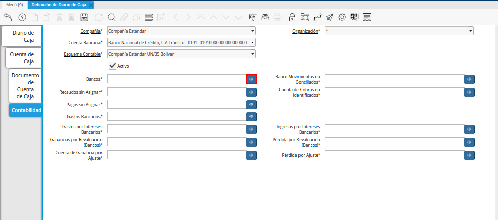 Campo Bancos de la Pestaña Contabilidad de la Ventana Definición de Diario de Caja