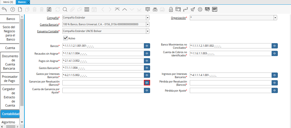 Campo Ganancias por Revaluación (Bancos) de la Pestaña Contabilidad de la Ventana Banco