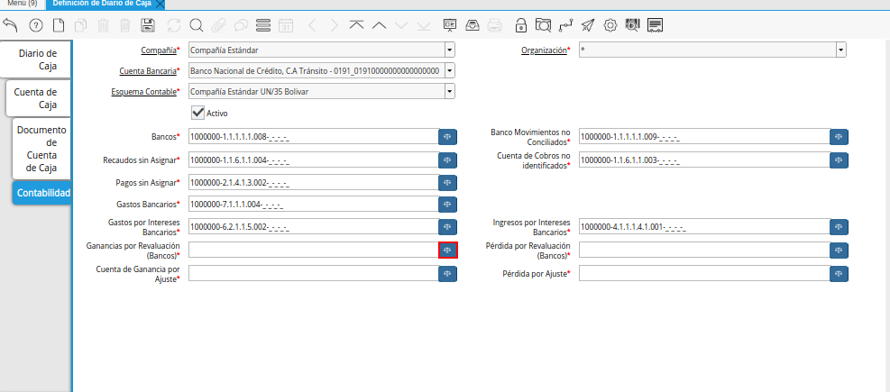 Campo Ganancias por Revaluación (Bancos) de la Pestaña Contabilidad de la Ventana Definición de Diario de Caja