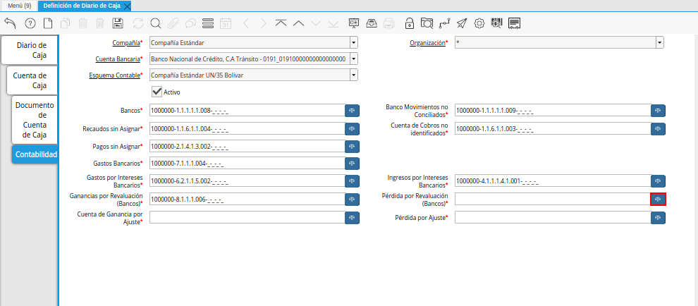 Campo Pérdida por Revaluación (Bancos) de la Pestaña Contabilidad de la Ventana Definición de Diario de Caja