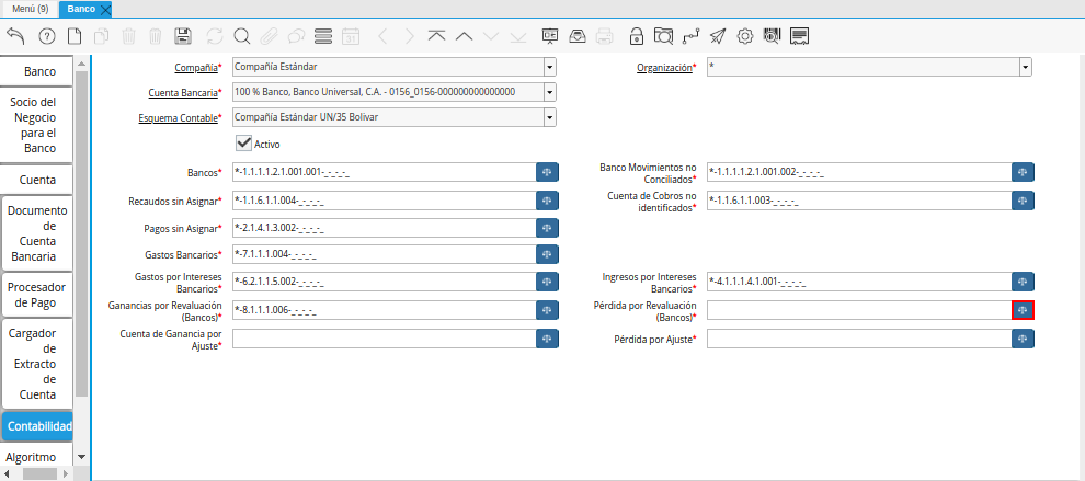Campo Pérdida por Revaluación (Bancos) de la Pestaña Contabilidad de la Ventana Banco