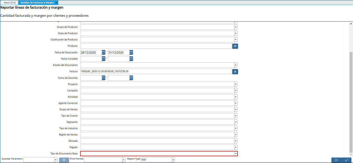 campo tipo de documento base del reporte detalles de facturas y margen