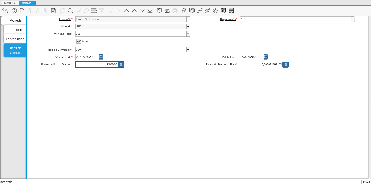 Campo Factor de Base a Destino