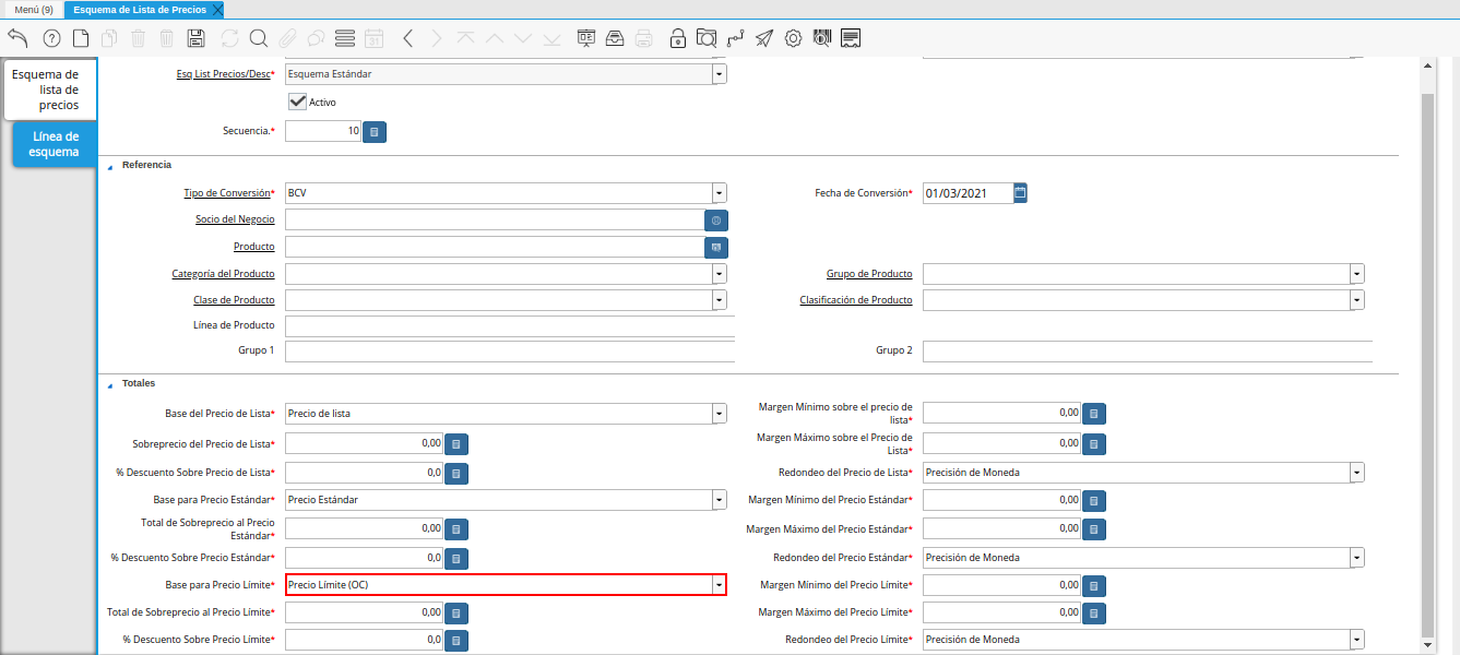 campo base para precio límite de la pestaña línea de esquema