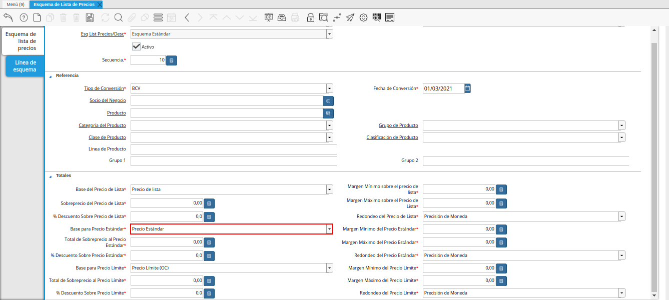 campo base para precio estándar de la pestaña línea de esquema